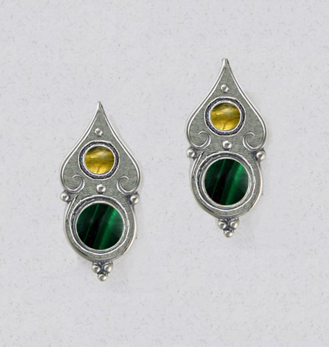 Sterling Silver Gothic Look Post Stud Earrings With Malachite And Citrine